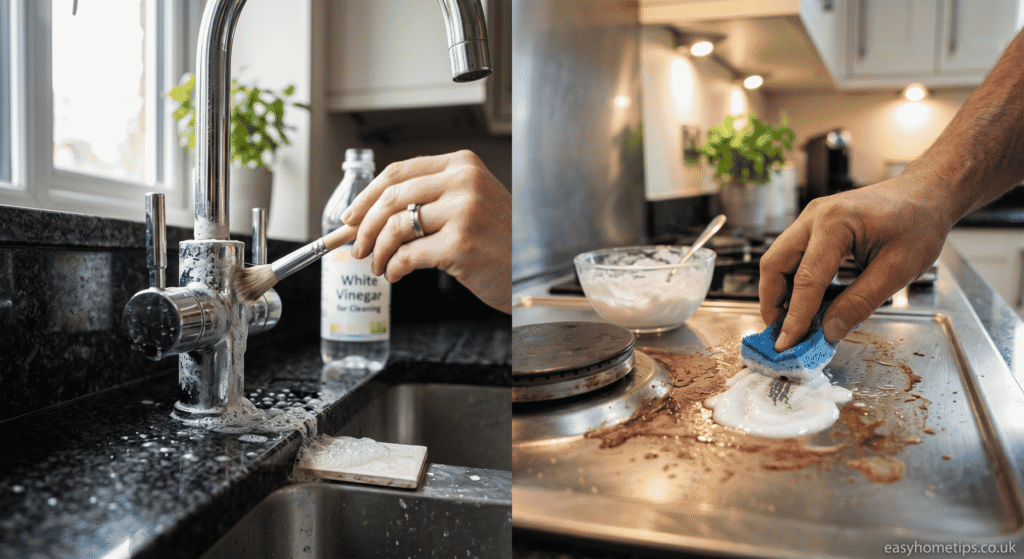 vinegar removing limescale and baking soda cleaning grease comparison