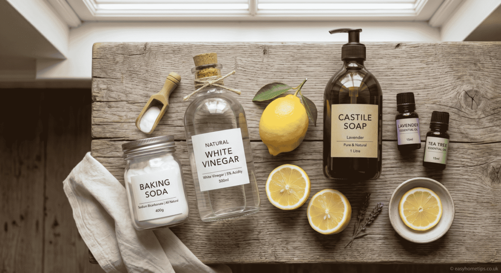 natural cleaning ingredients vinegar baking soda lemon essential oils flat lay