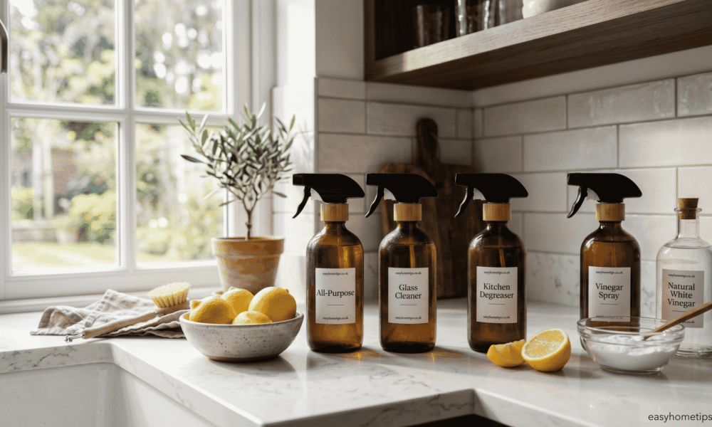home made cleaning solutions with vinegar baking soda and lemon on kitchen counter