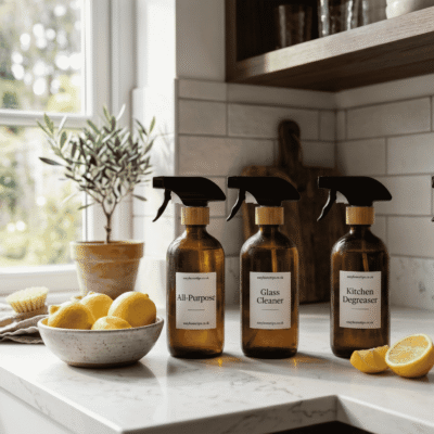 home made cleaning solutions with vinegar baking soda and lemon on kitchen counter