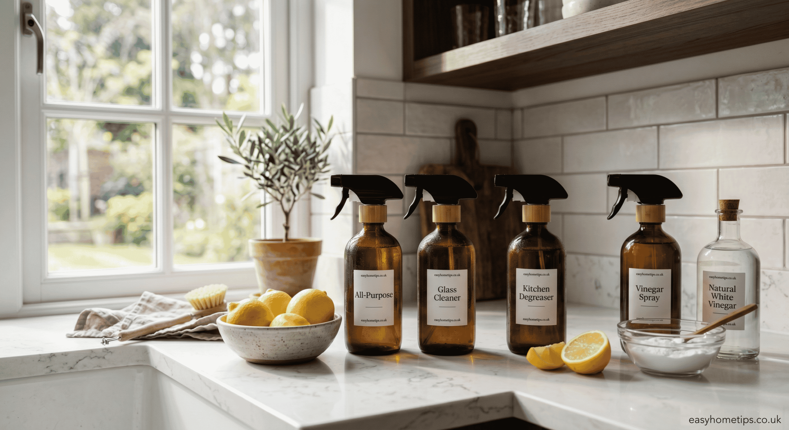 home made cleaning solutions with vinegar baking soda and lemon on kitchen counter