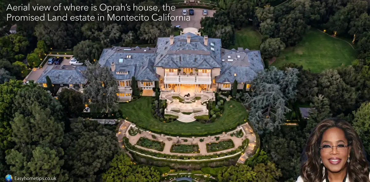 Aerial view of where is Oprah's house, the Promised Land estate in Montecito California