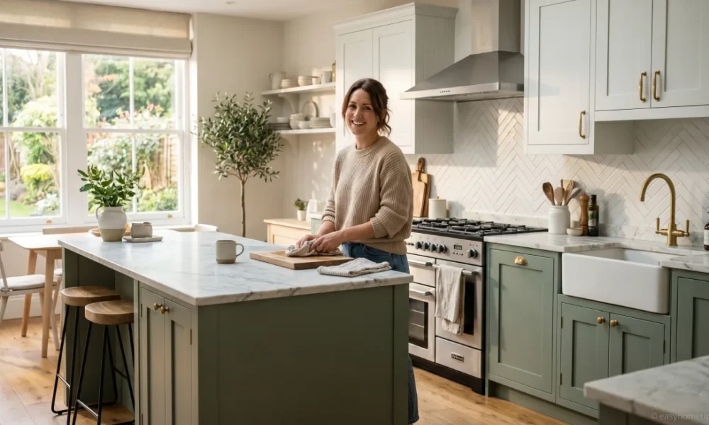 Best color for kitchen cabinets with modern sage green and white luxury kitchen design