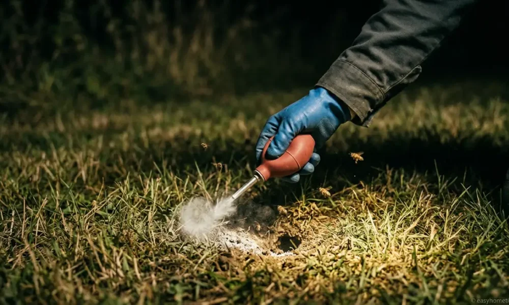 Homeowner learning how to kill ground bees by treating a ground bee nest in the lawn with a spray bottle