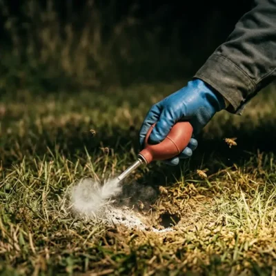 Homeowner learning how to kill ground bees by treating a ground bee nest in the lawn with a spray bottle