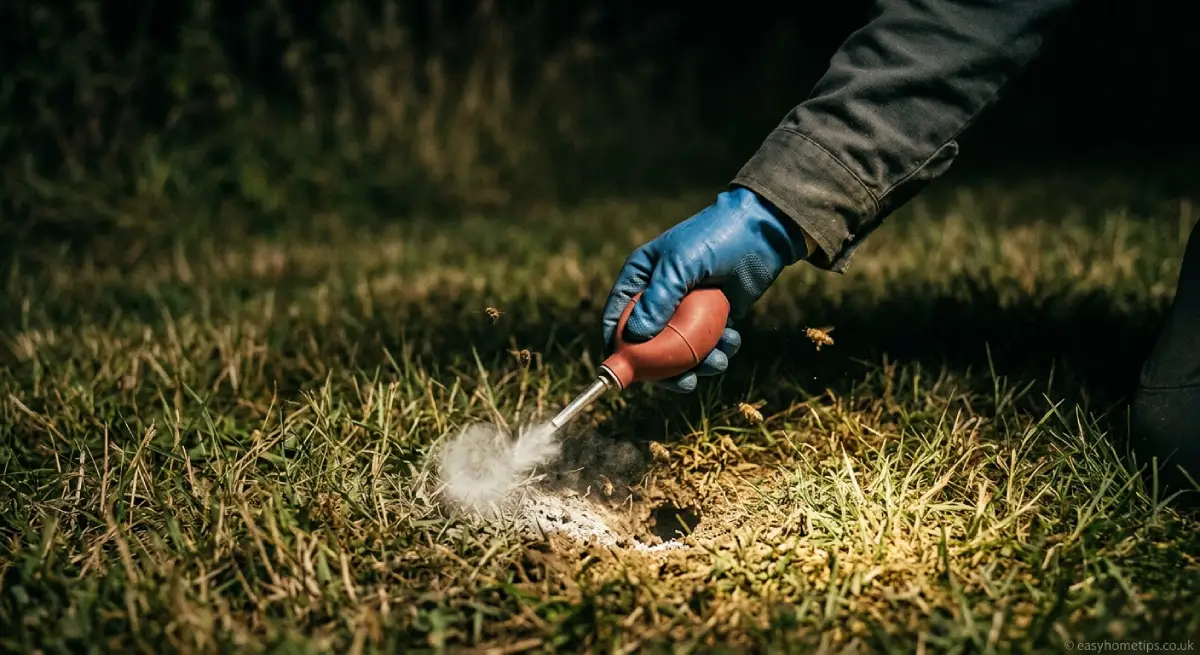 Homeowner learning how to kill ground bees by treating a ground bee nest in the lawn with a spray bottle