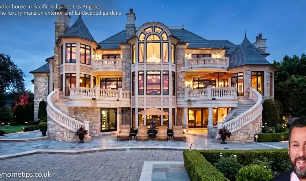 Adam Sandler house in Pacific Palisades Los Angeles showing the luxury mansion exterior and landscaped gardens