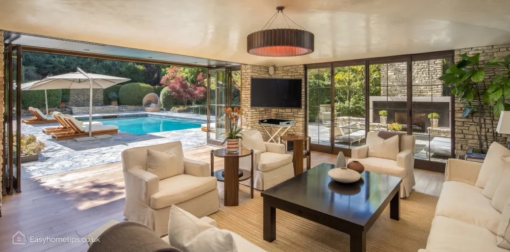 A stunning exterior view inside the Jennifer Aniston house featuring sleek modern architecture, lush landscaping, and luxury design elements