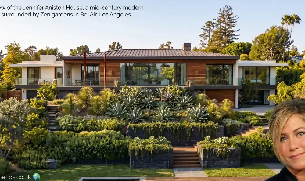 Aerial view of the Jennifer Aniston House, a mid-century modern mansion surrounded by Zen gardens in Bel Air, Los Angeles