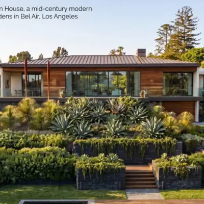 Aerial view of the Jennifer Aniston House, a mid-century modern mansion surrounded by Zen gardens in Bel Air, Los Angeles