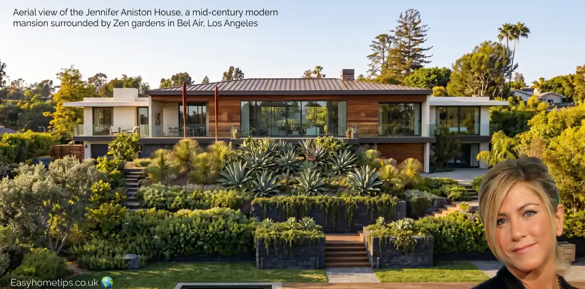 Aerial view of the Jennifer Aniston House, a mid-century modern mansion surrounded by Zen gardens in Bel Air, Los Angeles