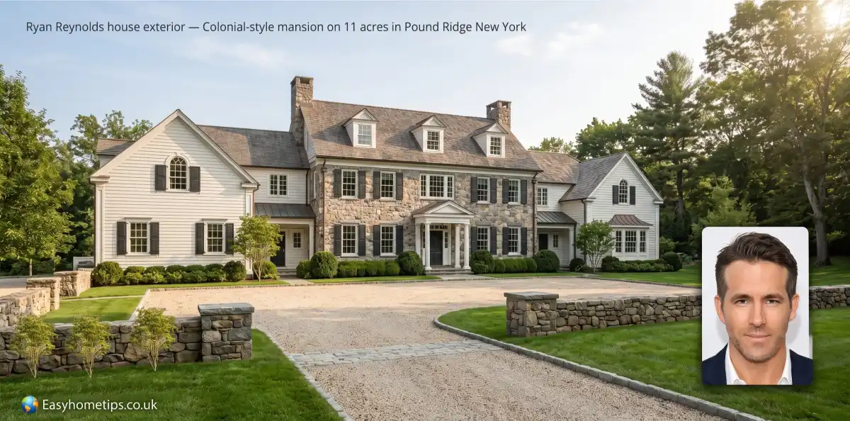 Ryan Reynolds house exterior — Colonial-style mansion on 11 acres in Pound Ridge New York