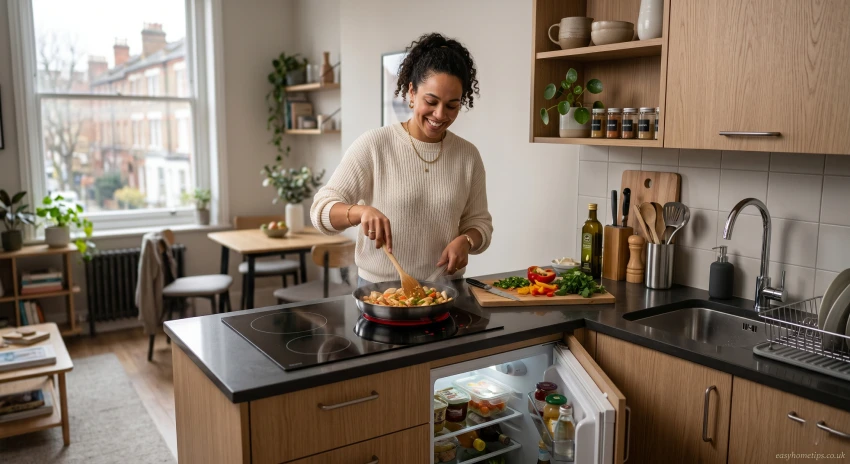 Modern all in one kitchenette with integrated sink cooktop and refrigerator for compact kitchen living