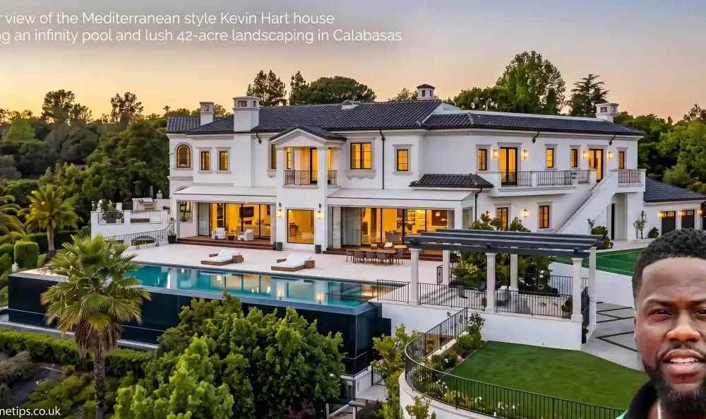 Exterior view of the Mediterranean style Kevin Hart house featuring an infinity pool and lush 42-acre landscaping in Calabasas.
