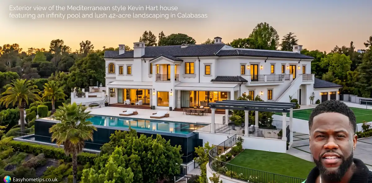Exterior view of the Mediterranean style Kevin Hart house featuring an infinity pool and lush 42-acre landscaping in Calabasas.