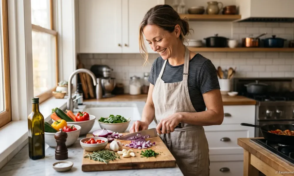 Cooking from scratch using fresh whole ingredients in a home kitchen