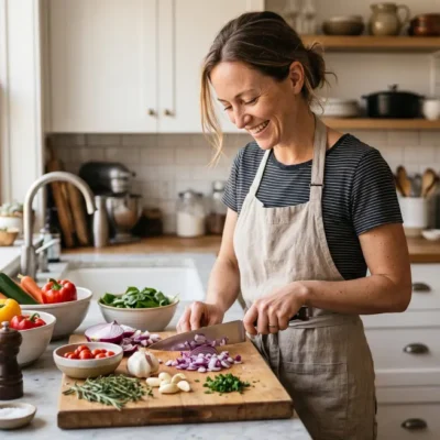 Cooking from scratch using fresh whole ingredients in a home kitchen