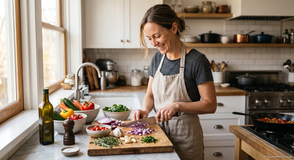 Cooking from scratch using fresh whole ingredients in a home kitchen