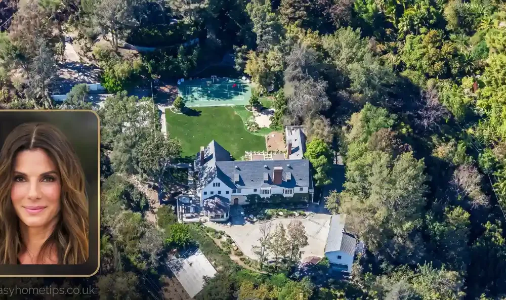 Exterior view of the Sandra Bullock house showing the wooded Beverly Hills estate