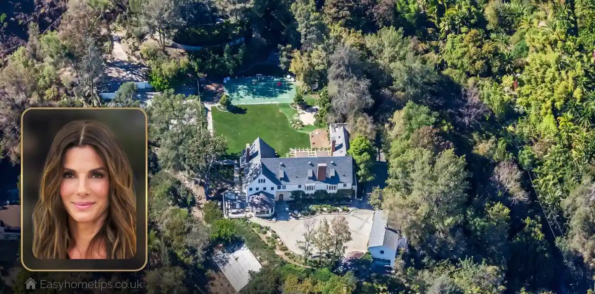 Exterior view of the Sandra Bullock house showing the wooded Beverly Hills estate