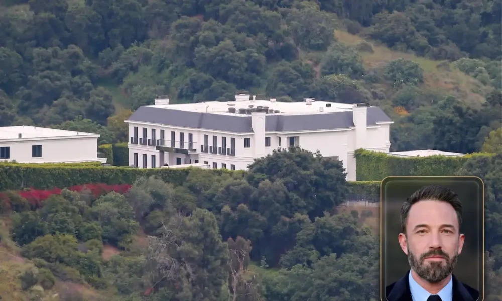 Exterior view of the Ben Affleck house, a luxury Brentwood estate with gardens and stables