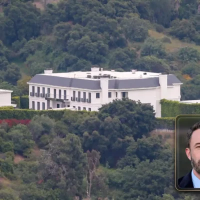 Exterior view of the Ben Affleck house, a luxury Brentwood estate with gardens and stables
