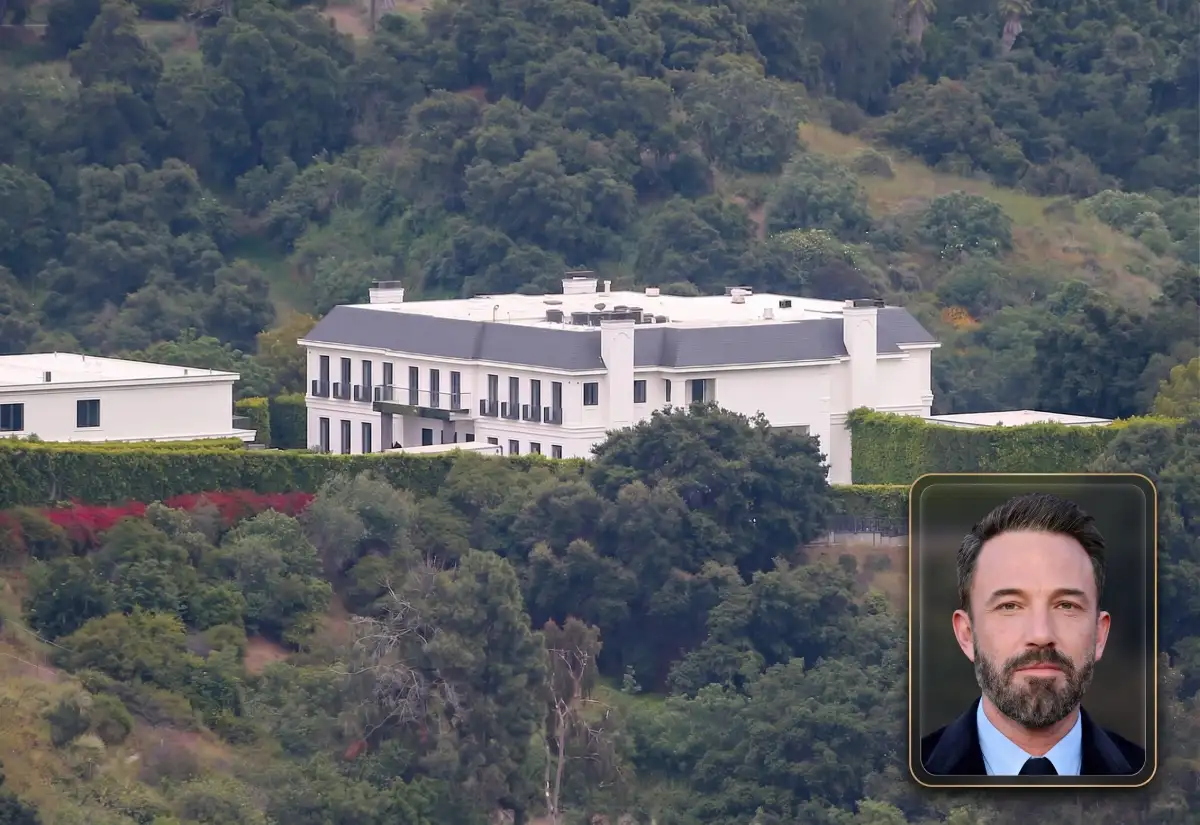 Exterior view of the Ben Affleck house, a luxury Brentwood estate with gardens and stables